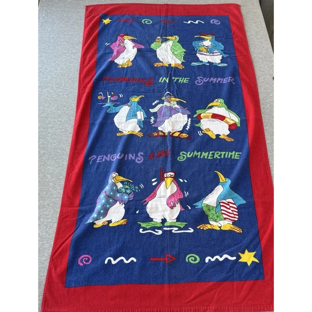 Cotton Beach Towel Vintage Penguins 52x29 Davidson Cotton Company